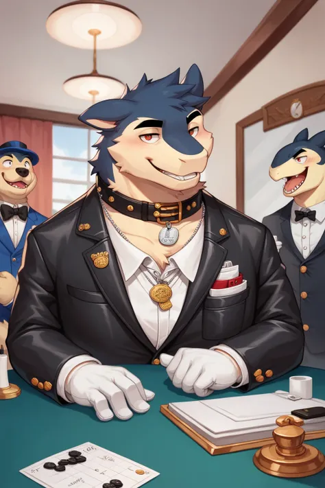 Scribble Typhlosion face,Humanity(Typhlosion),Chubby,(Black eyebrows:1.1),(Perfect eyes),fur，（artist:Takemoto Arashi），Gentleman, top-hat, Tailor background，（Leather Collar:1.3），leather collar has a round dog-tag, round dog-tag, (White Gloves:1.3), (Cufflin...