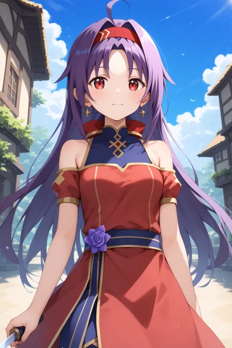 masterpiece,best quality,{{detailed beautiful face and eyes}}, very detailed background,
Konno Yuuki,{{{megami magazine}}},long hair,purple hair, hairband ,red  hairband ,sidelocks,red eyes,medium breasts,outside、blue sky、 holds up a sword during battle