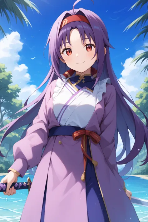 masterpiece,best quality,{{detailed beautiful face and eyes}}, very detailed background,
Konno Yuuki,{{{megami magazine}}},long hair,purple hair, hairband ,red  hairband ,sidelocks,red eyes,medium breasts,outside、blue sky、 holds up a sword during battle