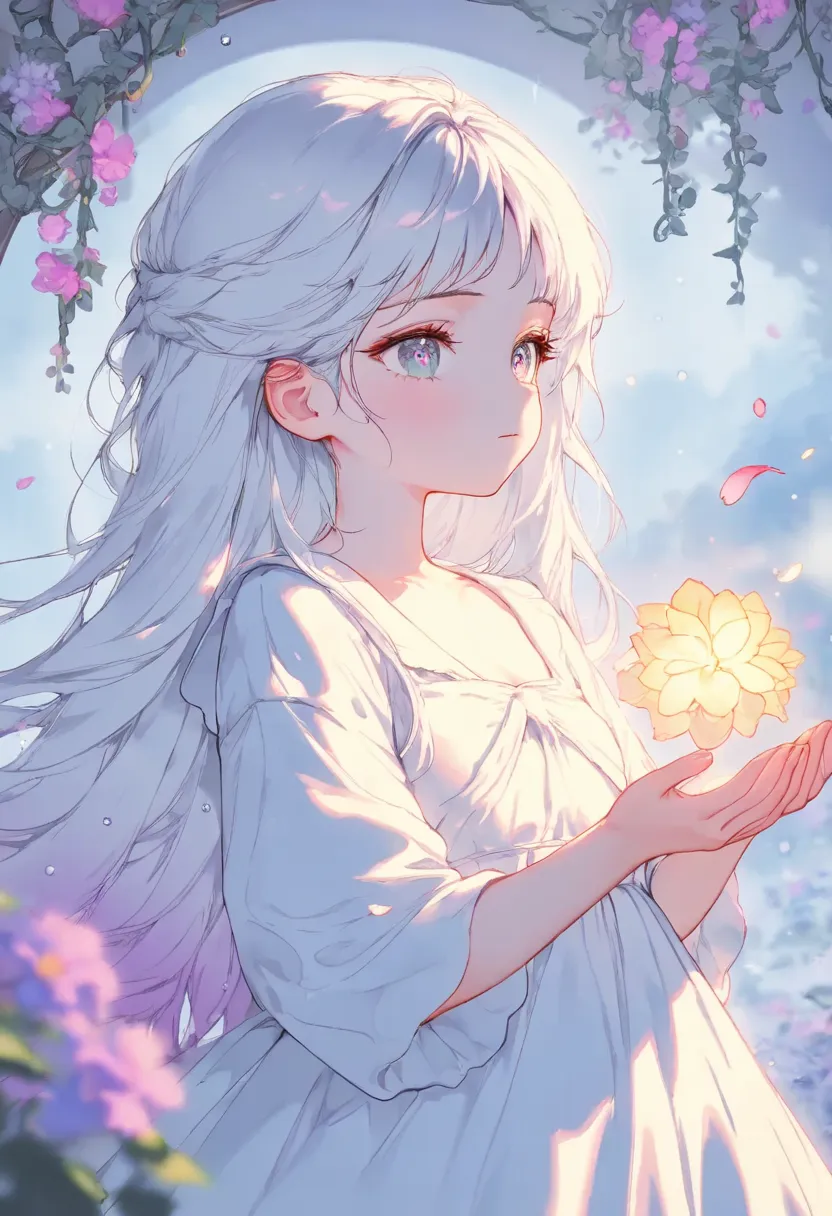 masterpiece,best quality,high quality,loli,overexposure,chromatic_aberration,light,fair_skin, //, , (colorful),loli, white background, Dundar effect, a lot of purple vines, vines covering half of the painting, delicate plant details, a girl, girl, petite g...