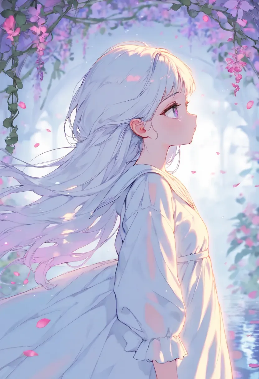 masterpiece,best quality,high quality,loli,overexposure,chromatic_aberration,light,fair_skin, //, , (colorful),loli, white background, Dundar effect, a lot of purple vines, vines covering half of the painting, delicate plant details, a girl, girl, petite g...