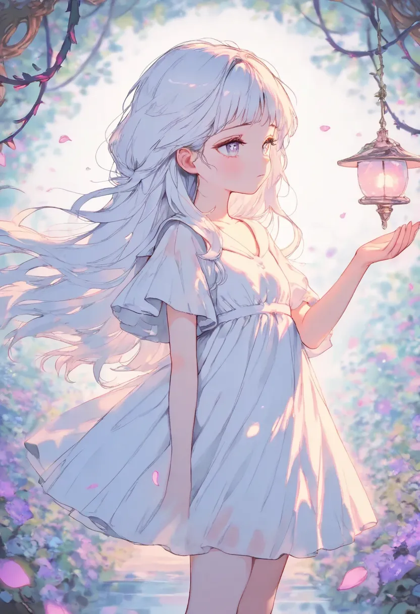 masterpiece,best quality,high quality,loli,overexposure,chromatic_aberration,light,fair_skin, //, , (colorful),loli, white background, Dundar effect, a lot of purple vines, vines covering half of the painting, delicate plant details, a girl, girl, petite g...