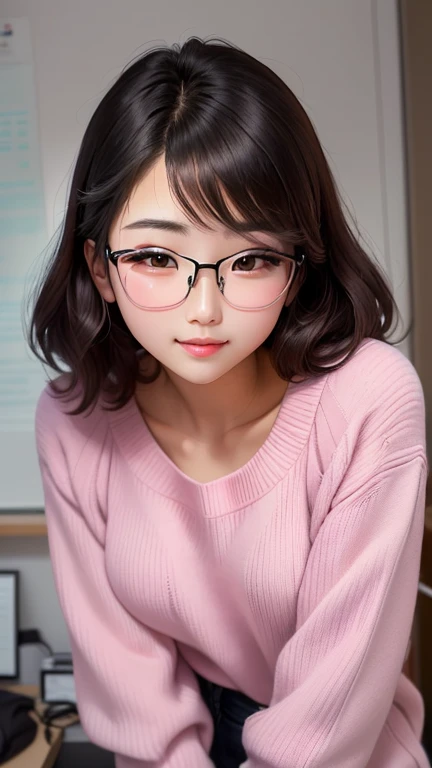 a woman wearing glasses and a pink sweater posing for a picture, wearing thin large round glasses, wearing small round glasses, with black eyeglasses, with glasses, with square glasses, spectacled, korean girl, wearing round glasses, girl wearing round gla...