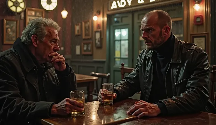  A dark London bar on a rainy late evening .  Mist is swirling in the alleys ,  and the lanterns are dimly reflected in the puddles .  There is twilight inside ,  rock and roll from an old vending machine , glasses clink .  Jason Statham is sitting at the ...