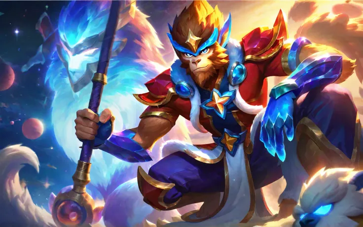 best aesthetics, lolsplashart, star guardian Adult Wukong, 1 Male handsome muscular ape covered in fur, dressed in an unforgettable blue-brown suit. He exudes an aura of darkness and mystery as he holds a staff in his hands. The background of the image is ...