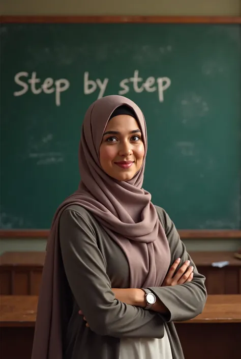 A hijab and beautiful English language teacher behind her is a blackboard that says “Step by Step” with Najwa Samir