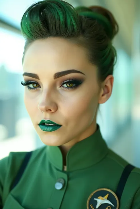 stewardess in uniform. green hair tied in a bun. very long eyelashes. green lipstick big blue eyes.bright studio light