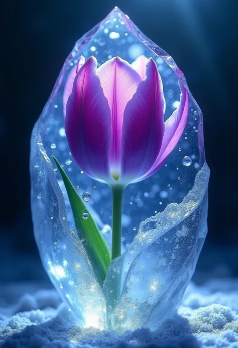  photorealistic wallpaper of a purple-blue tulip frozen inside an ice crystal,  Ultra HD,  best quality , 8k, dramatic light, intricate and detailedBrilliance ,  Lens reflection, 