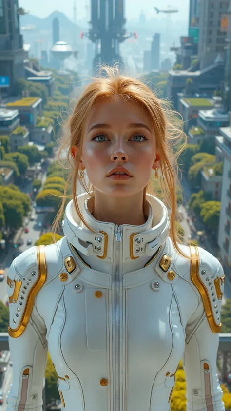 Front-facing close-up of a stunning young ginger woman with perfect, symmetrical features and a confident, visionary expression. She wears a sleek, futuristic white jumpsuit with high-tech golden accents, symbolizing the next era of human exploration and p...