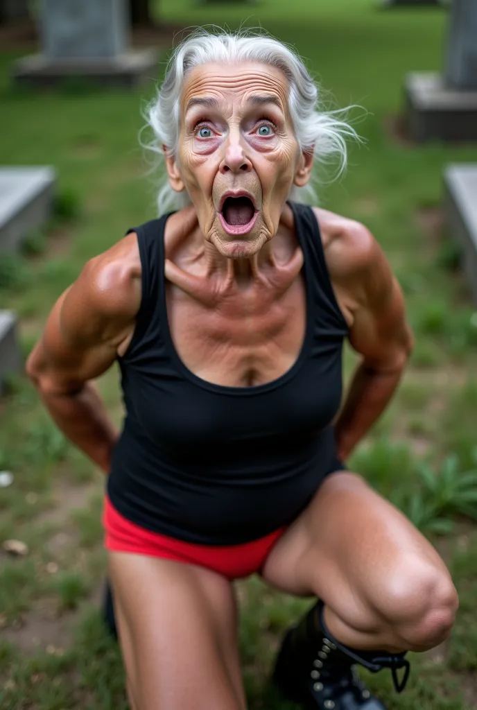 Ninety-year-old old woman with body fitness body, She wears a very tight black tank top with a lot of neckline showing her bare breasts,  her breasts are huge and saggy, He's wearing a red Brazilian thong,  His legs are bare ,  he's wearing black military ...