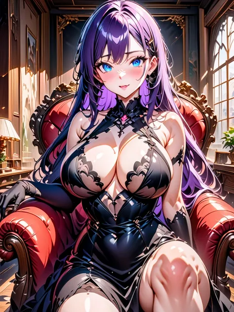  Anime with purple hair and blue eyes sitting on another woman in a chair,  seductive anime girl,  beautiful and attractive anime woman ,  extremely detailed AI-generated art , clean detailed anime art, detailed anime artwork,  anime girls,  detailed anime...