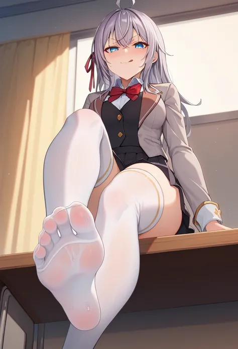 score_9, score_8_up, score_7_up, source_anime, 1girl, alya, grey hair, long hair, ahoge, hair ribbon, blue eyes, school uniform, bowtie, black skirt, white thighhighs, sitting, on table, foot focus, naughty face, licking lips, looking at viewer, from below...