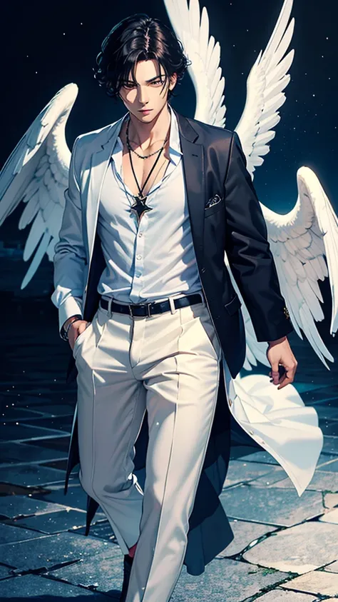 Anime realism. semi-realistic anime . Soft aesthetics .Soft aesthetics .SOFT COLORS.blurred background.Gentle Lighting .full-length image of a handsome adult angel boy that would show legs white big wings with black hair and open blue eyes . guy wearing a ...