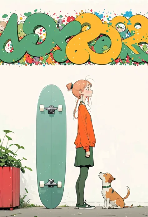 style of santiago caruso，In the style of Alessandro Gottardo and jean giraud and Moebius, 【Flat coating】- ((best quality)), illustration, Ewa Poklewska-Koziełło in style of Mike Azevedo，Cartoon graffiti ， a gir and a dog standing on a skateboard