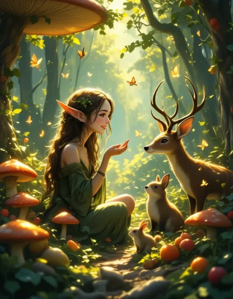 Animation,  work of art, 8K quality, the theme is "Fantasy elves ",  a fantasy forest ,   a forest full of mushrooms and colorful fruits  ,  a forest where deer  , rabbits,   foxes and bears live happily  ,   a beautiful elven woman happily interacting wit...