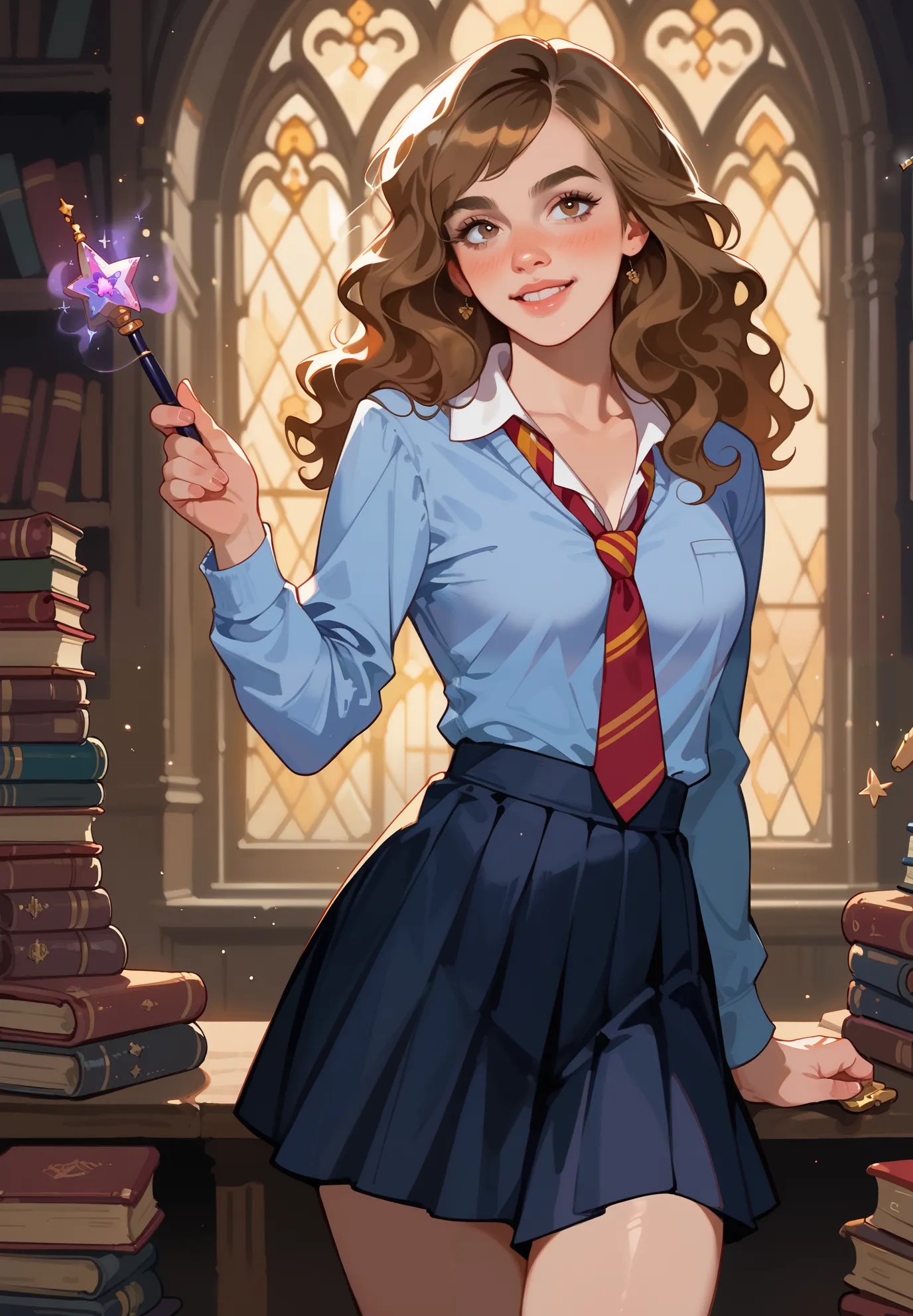 1girl, solo, Hermione Granger, Harry Potter, hogwarts school uniform, naturally sagging small breasts, blush, holding a magic wand, standing by the window, sexy pose, lustful, BREAK, magical study filled with bookshelves, (night time:1.2), cinematic lighti...