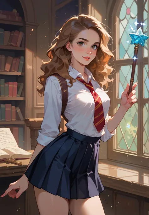 1girl, solo, Hermione Granger, Harry Potter, hogwarts school uniform, naturally sagging small breasts, blush, holding a magic wand, standing by the window, sexy pose, lustful, BREAK, magical study filled with bookshelves, (night time:1.2), cinematic lighti...