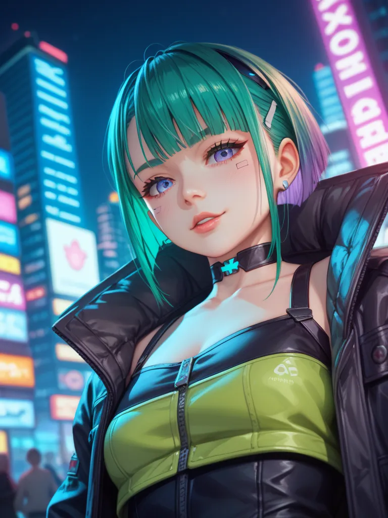  a close up of a person with green hair and a jacket, seductive  anime girl , anime girls,  oppai cyberpunk, extremely detailed art, detailed digital anime art,  anime vibes ,  anime girl , nightcore,  digital anime art,  pretty girl with purple hair , 4K ...