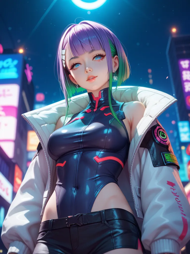  a close up of a person with green hair and a jacket, seductive  anime girl , anime girls,  oppai cyberpunk, extremely detailed art, detailed digital anime art,  anime vibes ,  anime girl , nightcore,  digital anime art,  pretty girl with purple hair , 4K ...