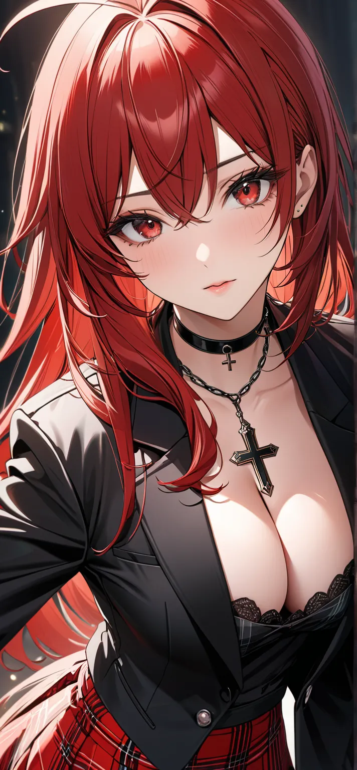  ultra high resolution , rich colors, Perfect image,  High quality,  detailed image, Beautiful Kurai Eijirou, red hair, Ahoge, red eyes, choker,  cross chain , cleavage, black blazer, black jacket, plaid skirt ,  long hair 