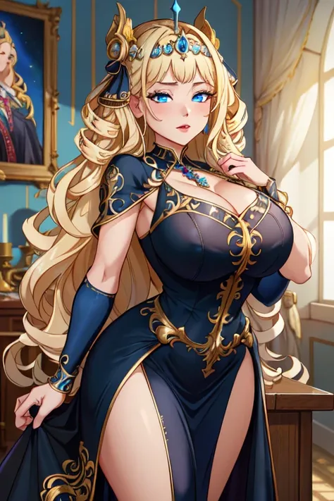 (masterpiece, best quality, absurdres, 4k, aesthetic, detailed, intricate),1girl,nikkecrwn,tiara, hair ribbon, long blonde drill hair, drill locks, (blue and black ornate idol dress:1.3)