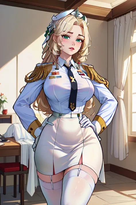 (masterpiece, best quality, absurdres, 4k, aesthetic, detailed, intricate),1girl,nikkecrwn,tiara, hair ribbon, long blonde drill hair, drill locks, (((Full set of clothes,Hips:1.1 Army, (White__uniform:1.3), green_Wrinkles_skirt, tie, Red_tie, shirt, , Whi...