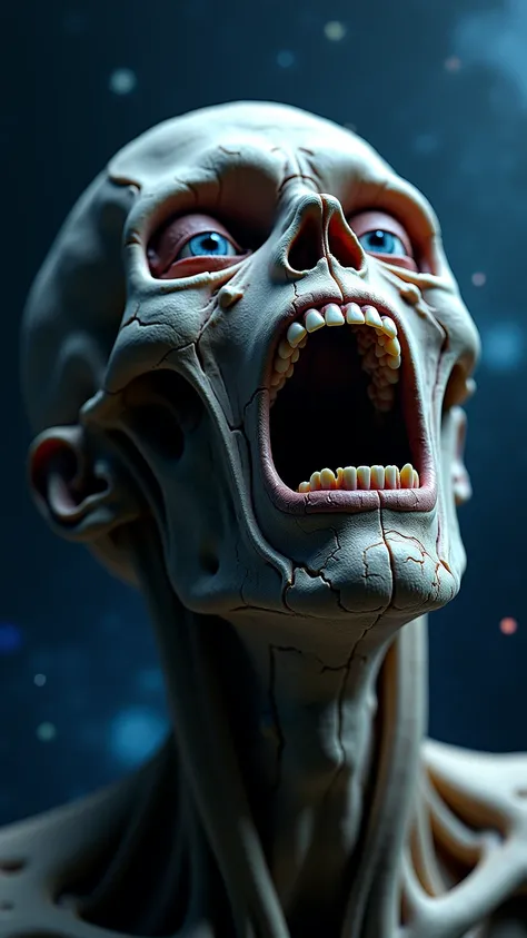 "A close-up of a desiccated human , floating in the vast emptiness of outer space. The dried, leathery skin is cracked and tightly clings to the skull, with hollow, sunken eyes and an expression frozen in an eternal scream. The mouth is slightly open, reve...