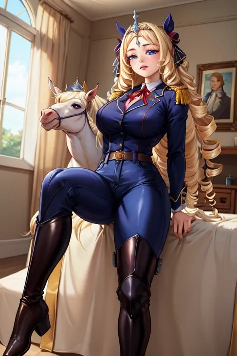 (masterpiece, best quality, absurdres, 4k, aesthetic, detailed, intricate),1girl,nikkecrwn,tiara, hair ribbon, long blonde drill hair, drill locks, equestrian uniform,Riding pants,thigh high boots
