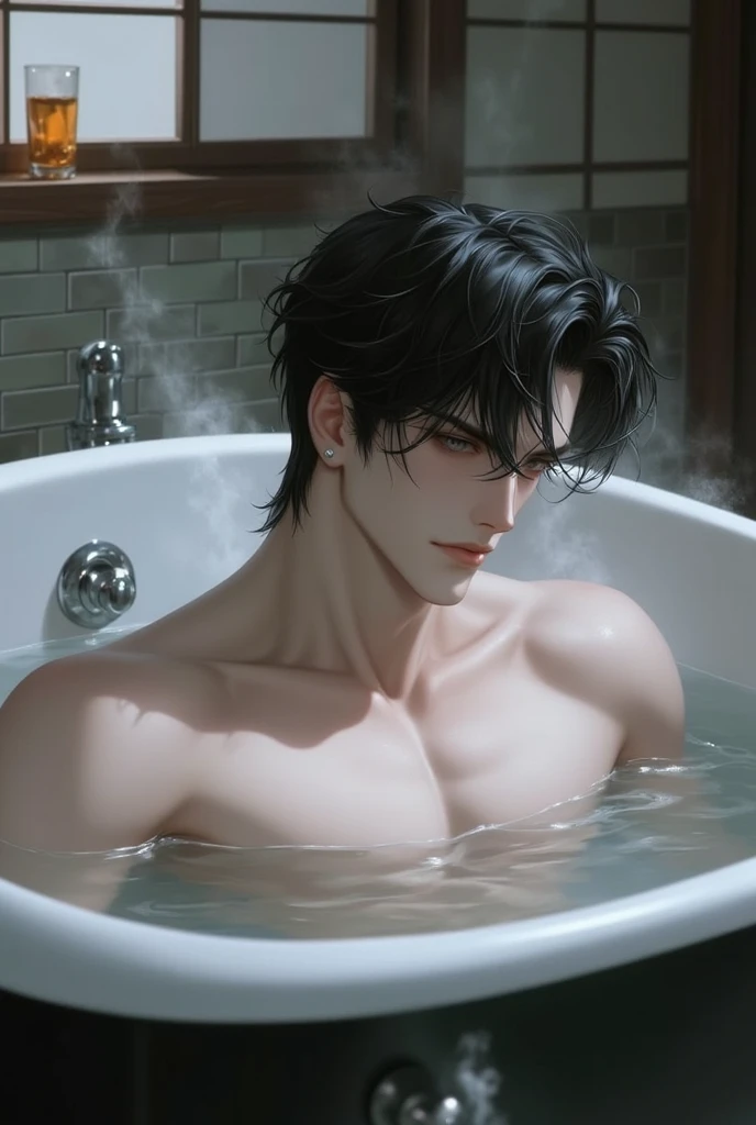 boy with black hair with black bangs taking a bath naked in a bathtub muscular strong anime