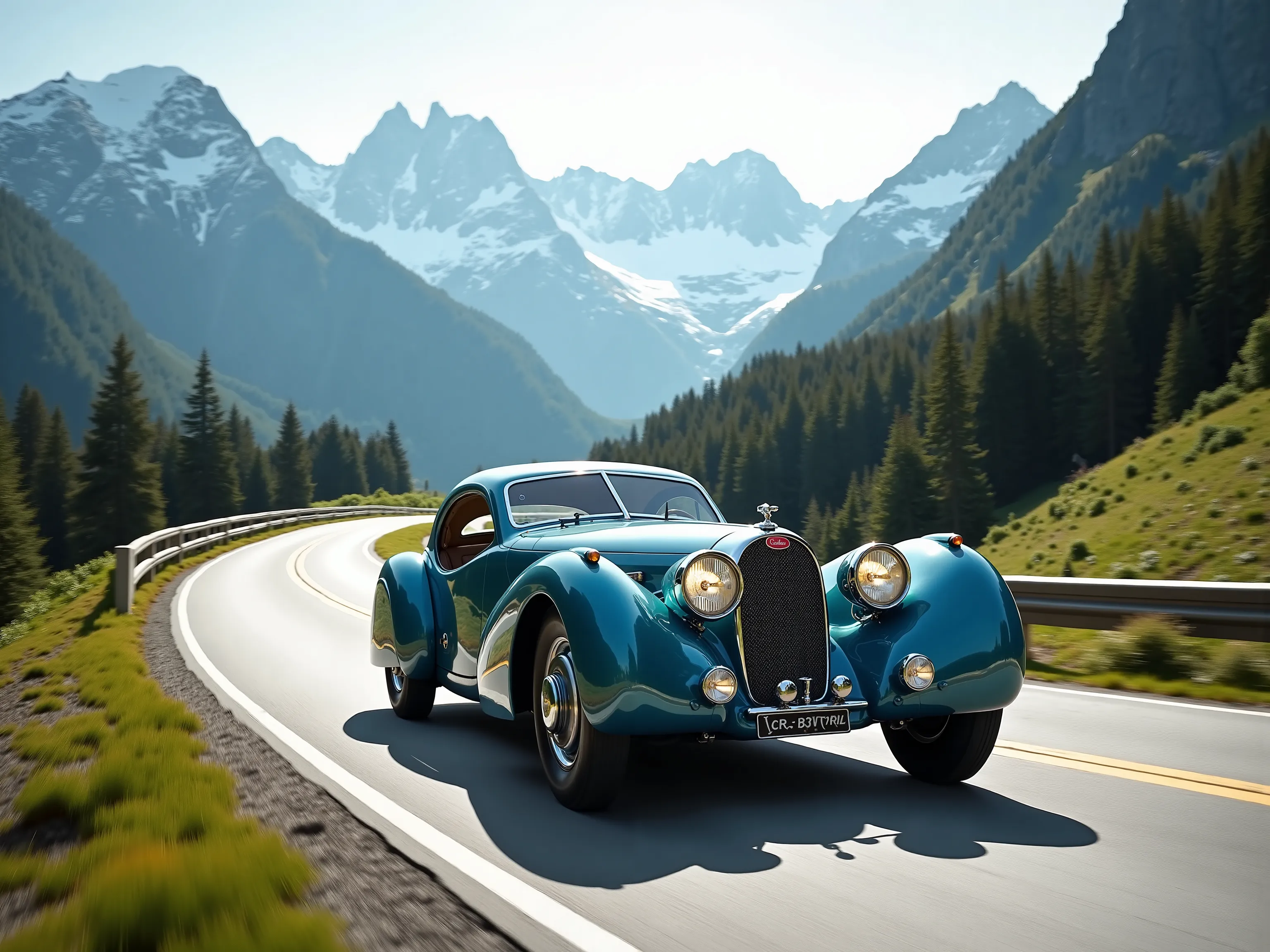 A stunning photo of a Bugatti Type 57 Atlantic 1938 driving through the Alps