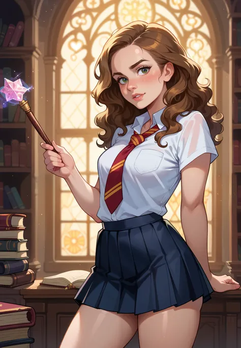 1girl, solo, Hermione Granger, Harry Potter, hogwarts school uniform, naturally sagging small breasts, blush, holding a magic wand, standing by the window, sexy pose, lustful, BREAK, magical study filled with bookshelves, (night time:1.2), cinematic lighti...