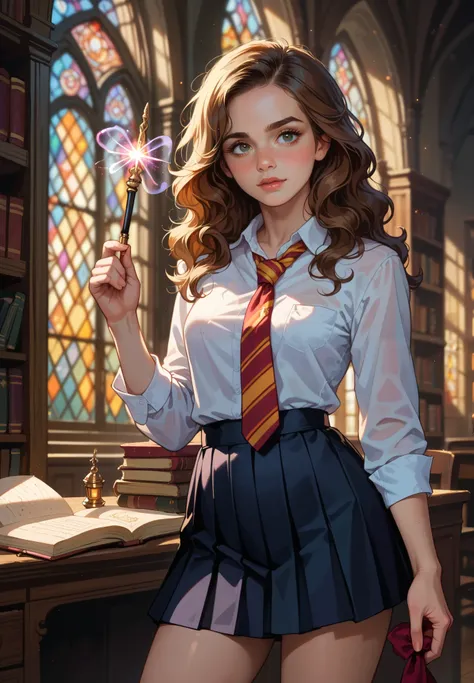 1girl, solo, Hermione Granger, Harry Potter, hogwarts school uniform, naturally sagging small breasts, blush, holding a magic wand, standing by the window, sexy pose, lustful, BREAK, magical study filled with bookshelves, (night time:1.2), cinematic lighti...
