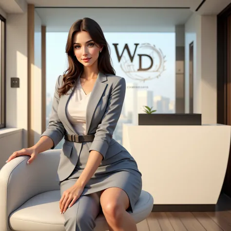 An elegant and smiling executive woman wearing a blue suit, sitting,  full body, Background: the reception of a modern law firm with the brand 'WD', well highlighted in the acrylic panel environment