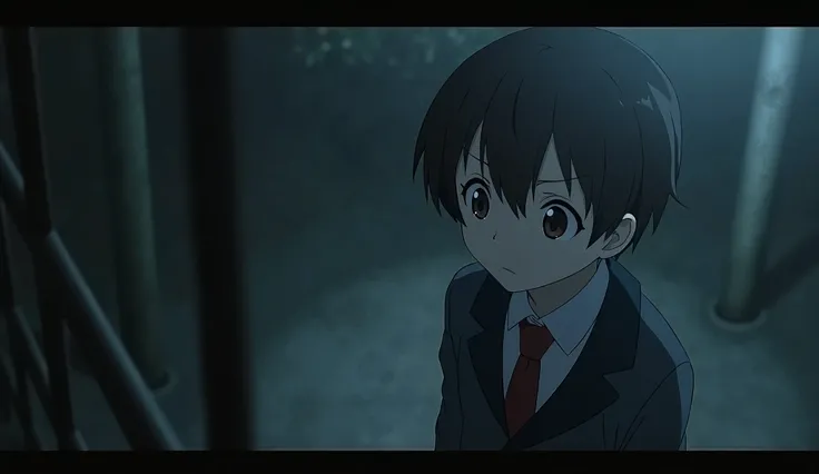 japanese anime, In the dark, a boy in school uniform is being photographed at a Dutch angle from above with a long shot.