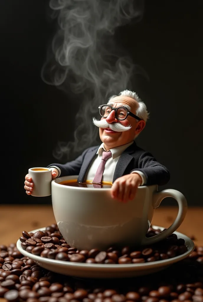 " A cup of hot coffee ,  on a plate filled with coffee beans ,  with a friendly elderly man sitting inside the cup .  He has a thick, white mustache ,  wears round glasses and wears an elegant suit ,  with a white shirt and tie . You hold a small cup of st...