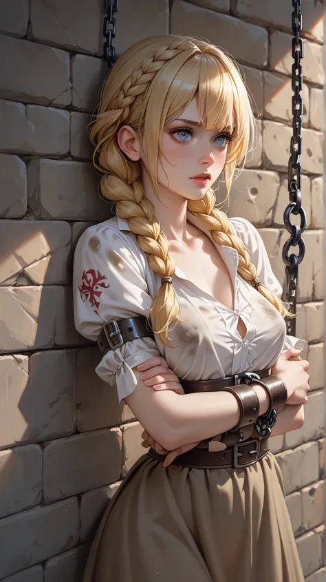  front view , Adult female medieval prisoner,  blonde hair adorned with braids,  fair skin,  medium breasts,  arms chained sendo erguida do chão em uma masmorra, Wearing only a long dirty rustic fabric shirt,  arms chained,  raised and stretched upwards, A...