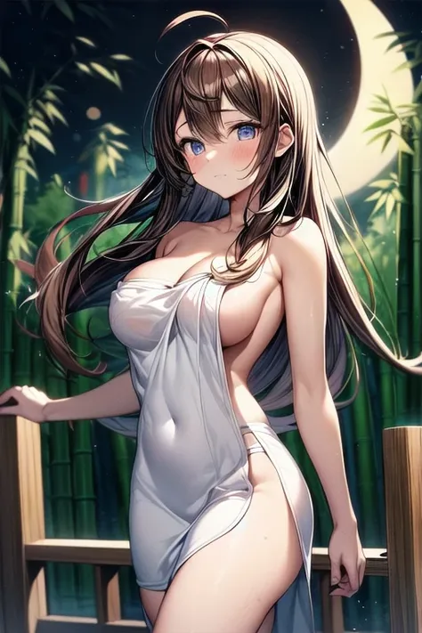 masterpiece, super detail, best quality, beautiful girl, brown hair, ahoge, (naked towel), cleavage, troubled face, walking at bamboo forest, night, crescent moon, cowboy shot,