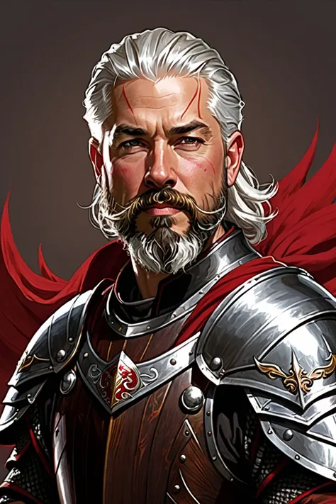  40-year-old male,  white hair, goatee style beard,  with round shield and armor with dark brown and red colors, He wears a short sword .