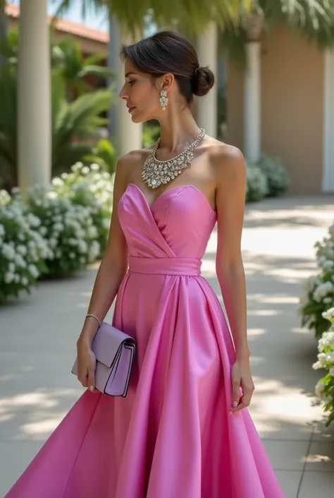 A woman at an outdoor wedding, With fuchsia verses all in satin, a beautiful necklace of stones,  a bun on elegant hair, holding a lilac handbag. A beautiful wedding filled with white flowers,  a delicate decoration, but luxurious . A slim and elegant imag...