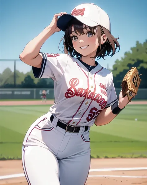 Best quality, masterpiece, high resolution, thin lines, beautiful, one girl, brown hair, short hair, smiling, playing softball, baseball cap, white color uniform, wearing baseball glove on left hand, field, sunny,