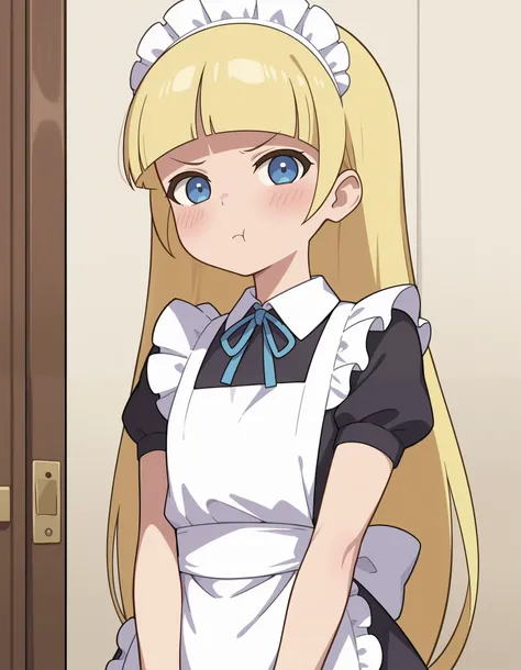 score_9,score_8_up,score_7_up, BREAK, pacifica, long hair, blonde hair, blunt bangs, bangs, 1girl, blush, pout, maid outfit, flat chest, , cute, black dress, white apron, looking at viewer,
