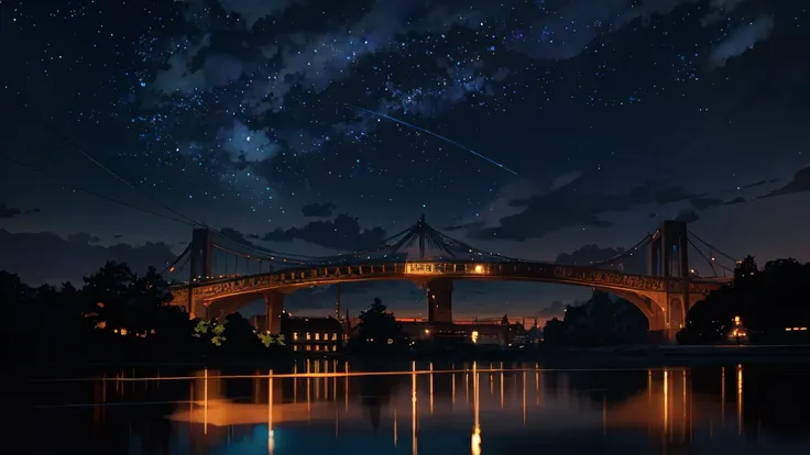 Masterpiece, anime train passing through bodies of water on tracks, bright starry sky. Romantic train, Makoto Shinkai's picture, pixiv, concept art, lofi art style, reflection. by Makoto Shinkai, lofi art, with text in center say "Hilsng akal" and tagline ...