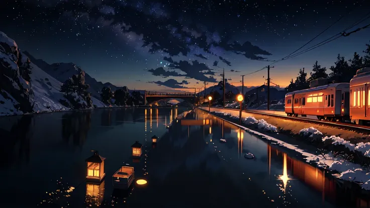 Masterpiece, anime train passing through bodies of water on tracks, bright starry sky. Romantic train, Makoto Shinkai's picture, pixiv, concept art, lofi art style, reflection. by Makoto Shinkai, lofi art, with text in center say "Hilsng akal" and tagline ...