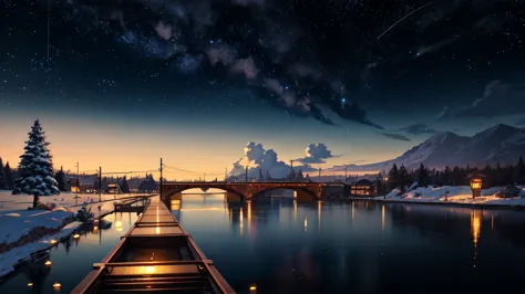 Masterpiece, anime train passing through bodies of water on tracks, bright starry sky. Romantic train, Makoto Shinkai's picture, pixiv, concept art, lofi art style, reflection. by Makoto Shinkai, lofi art, with text in center say "Hilsng akal" and tagline ...