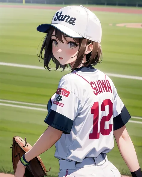 Best quality, masterpiece, high resolution, thin lines, beautiful, one girl, brown hair, short hair, , playing softball, baseball cap, white color uniform, wearing baseball glove on left hand, field, sunny,