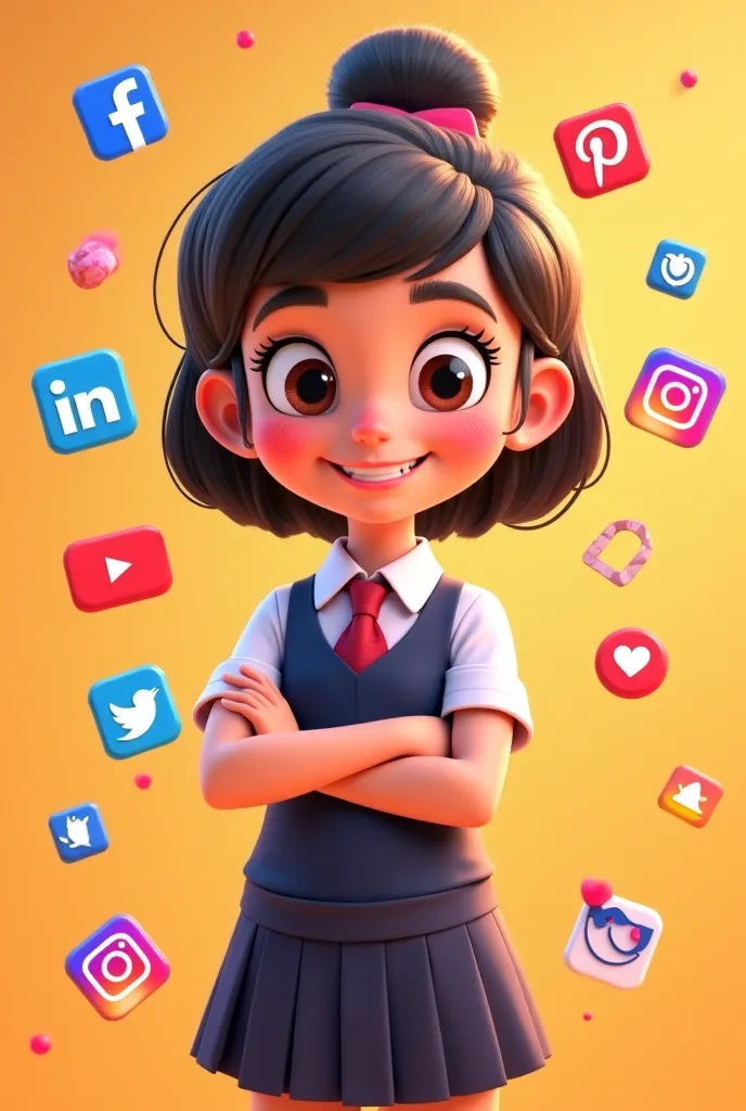 Pixar cover of a girl in uniform ,  with social media icons around her 