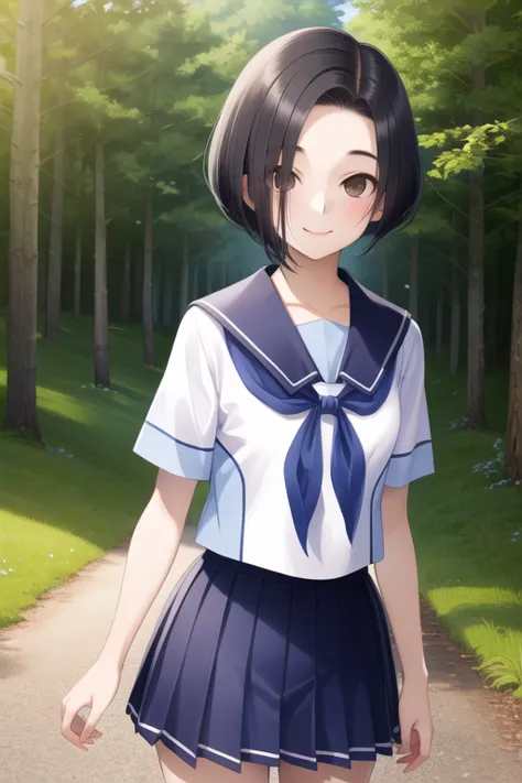 masterpiece, best quality, highres, aarinko, short hair, black hair, bob cut, serafuku, sailor collar, blue neckerchief, white shirt, short sleeves, pleated skirt, blue skirt, standing, cowboy shot, outdoors, smile