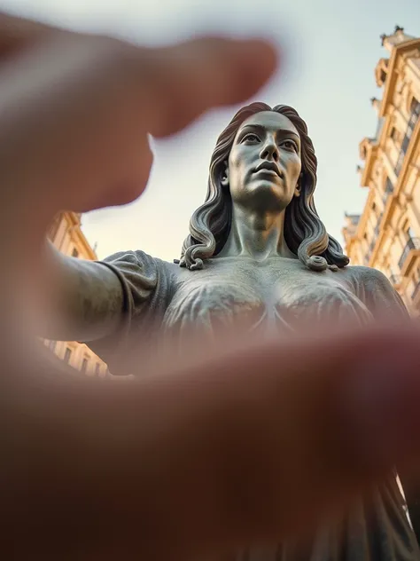 A fisheye lens selfie photo taken by statue