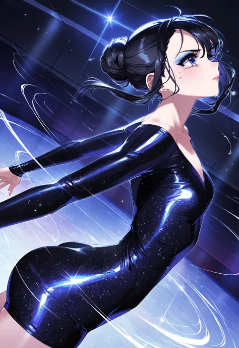 (sfw:1.5), makeup gyaru, cool beauty, solo girl ,glitter black costume, figure_skating, spinning, black hair, blue eyes, single hair bun, slender, small breast, serious, happy tears, sad, motion lines, perspective, from side, dutch angle,