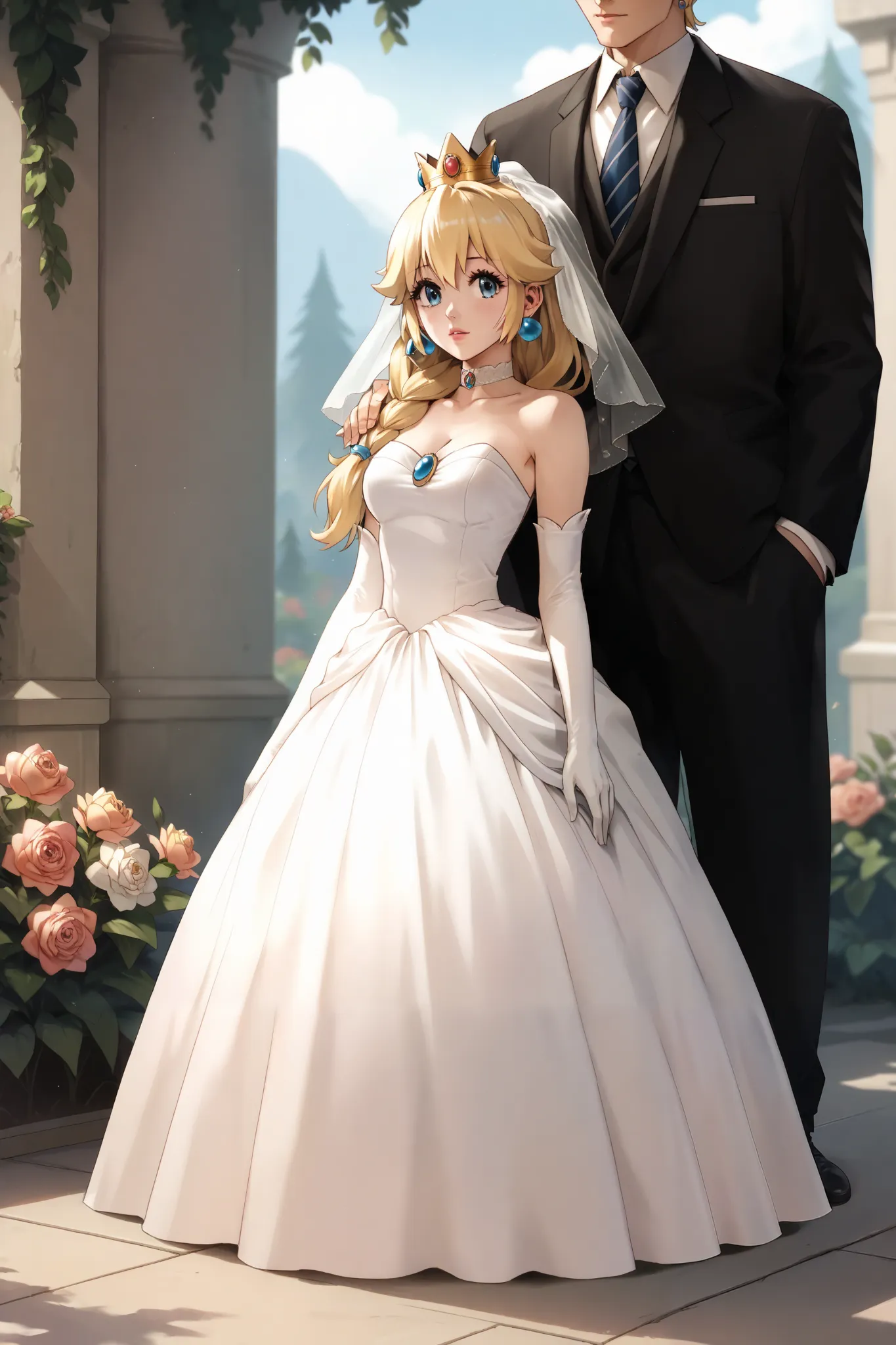 peach wedding ,   princess peach,  white dress,  1 girl,  blonde hair,   Elbow Gloves  ,   jewelry, long hair,  blue eyes,  earrings,  crown, white gloves,  wedding dress ,  strapless dress standing in the woods,  shoulder out,  choker, Veil